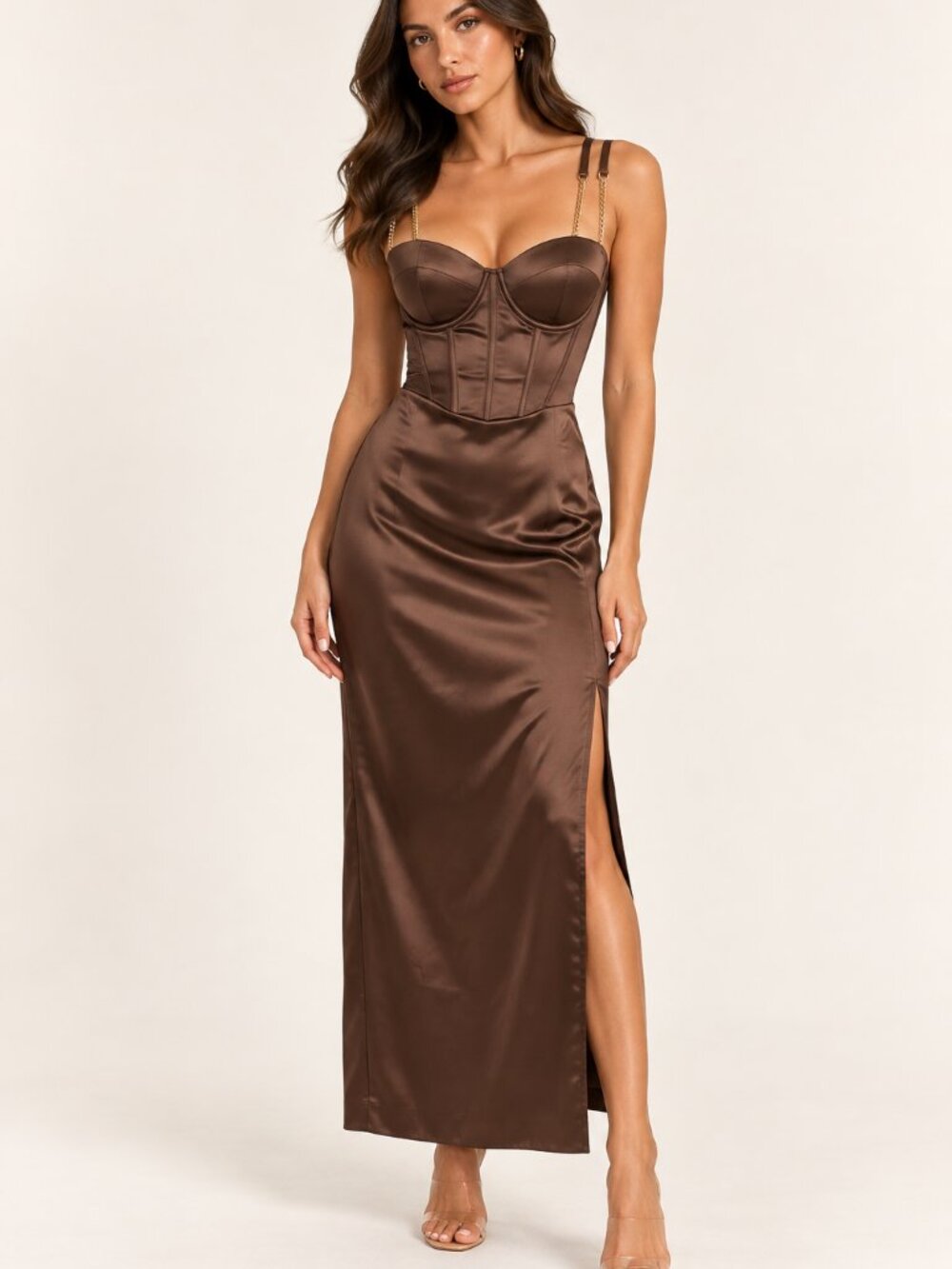NWT MESHKI Talisa Chocolate Chain Strap Corset Maxi Dress XS